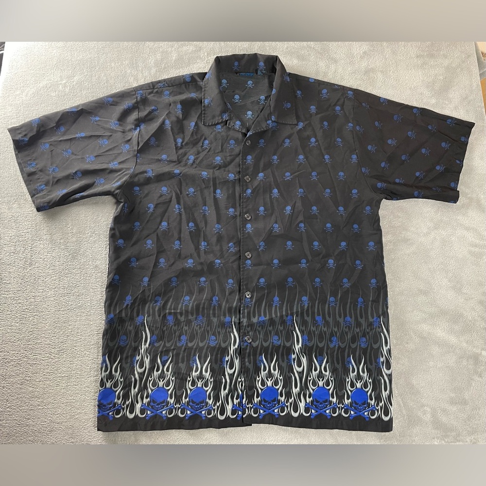 Vintage MT:2 Shirt Mens XXL Flames Skulls Y2K Camp Polyester Button Blue Fire 2X